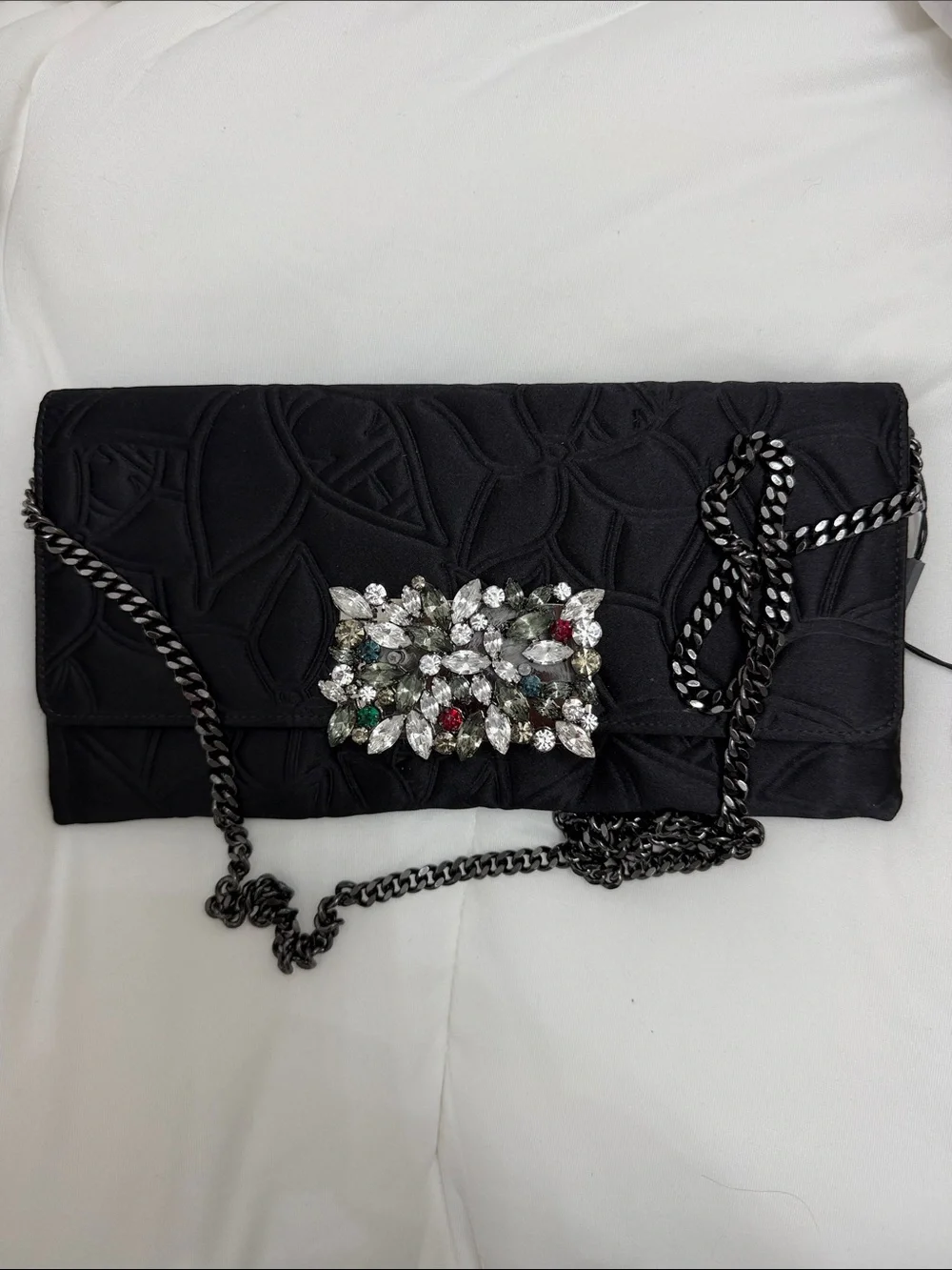 Carolina Herrera Black Quilted Crossbody with Crystal Brooch and Red Tassel